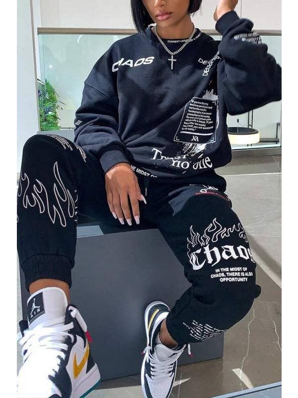 Queen Fashion - Wholesale Top & Skirt Set - Women's - Graphic Print Sweatshirt And Joggers Set2