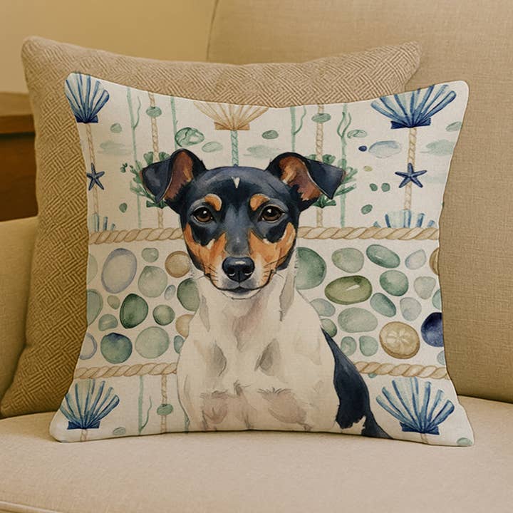 Tricolor Rat Terrier Coastal Sea Glass Pillow 18x18 WDK7185 for wholesale by Caroline's Treasures