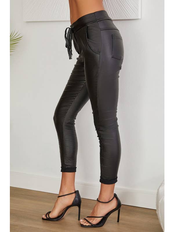 VENTI6 - Wholesale Pants - Women's - SHIMMER DRAWSTRING PU COATED CRINKLE JOGGERS(6526)2