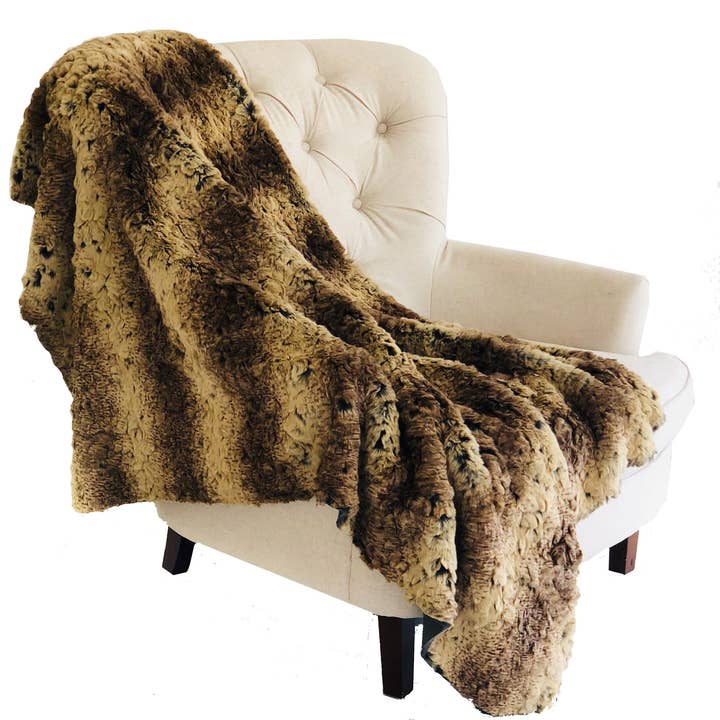 Beige and Brown Chinchilla Faux Fur Luxury Throw for wholesale by Plutus Home Brands