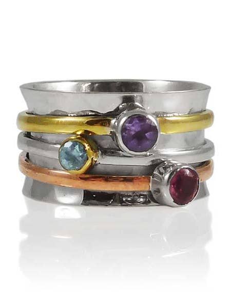 Tel Aviv Three Stone Spinner Ring Tourmaline, Amethyst, Blue Topaz for wholesale by Sikara & Co.