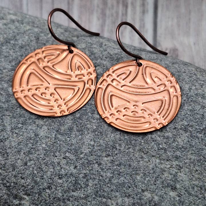Stamped Copper Dangle Earrings – Boho Chic Handmade Gift for wholesale by Harper House Studio