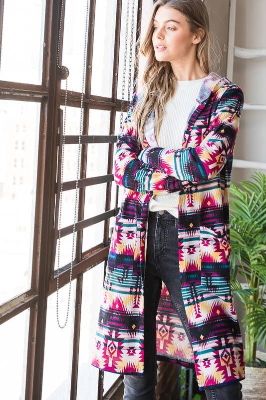 EJ6708-10 HOOD MULTI COLOR AZTEC SHACKET WITH POCKET for wholesale on Faire10