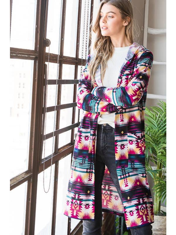 EJ6708-10 HOOD MULTI COLOR AZTEC SHACKET WITH POCKET for wholesale on Faire10