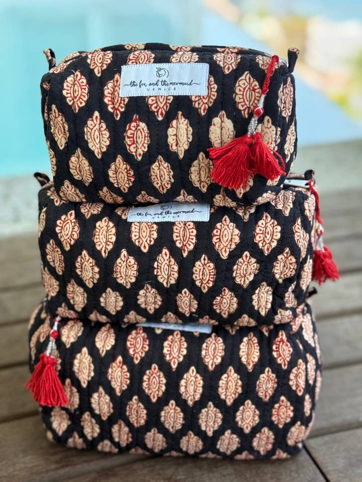 Block Printed Toiletry/Cosmetic/Travel Bags (Set of 3) for wholesale by The Fox and The Mermaid