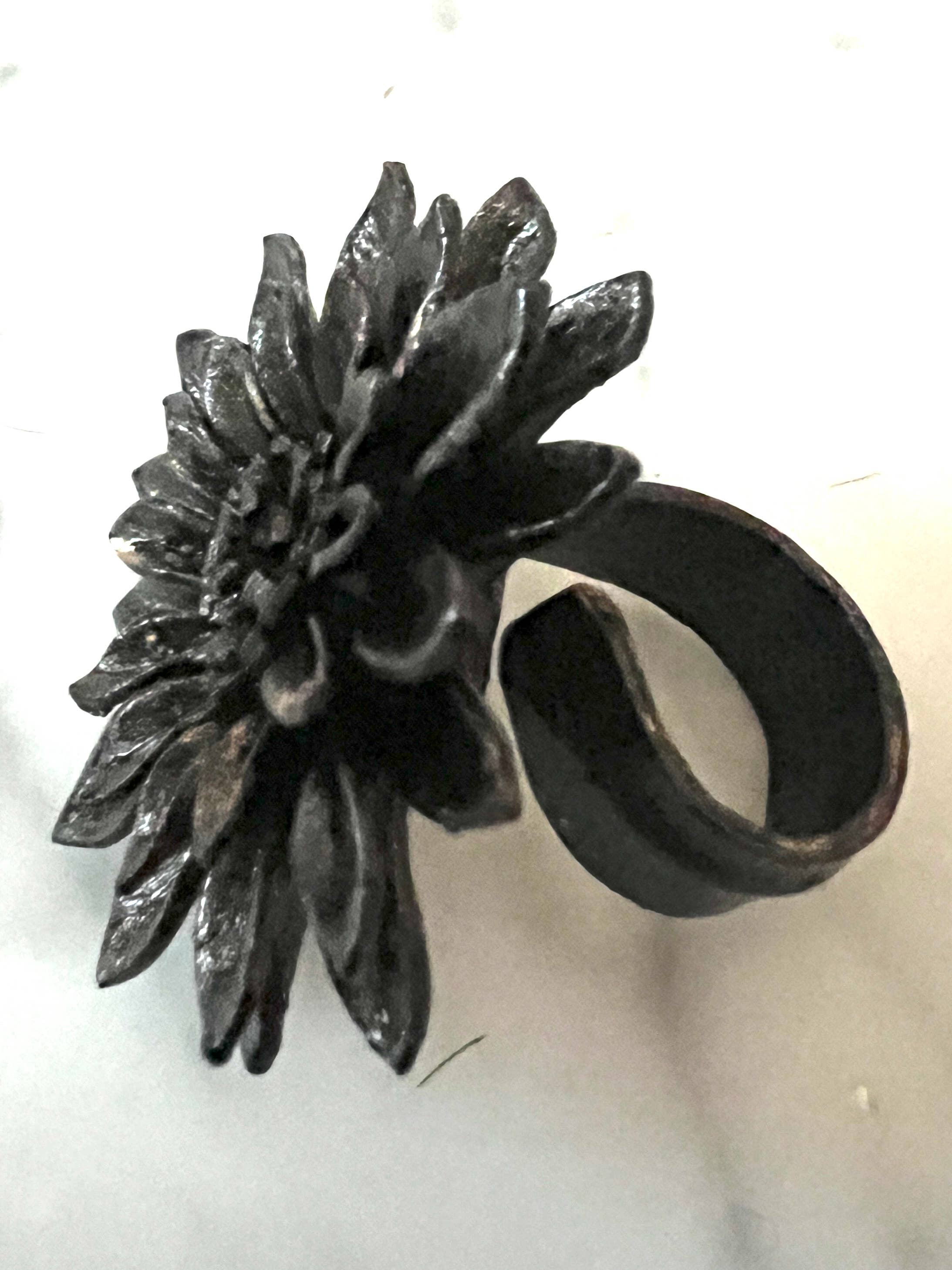 Erik & Mike - Wholesale Cocktail/Statement Ring - Flower Ring Leather sunflower adjustable ring Black1