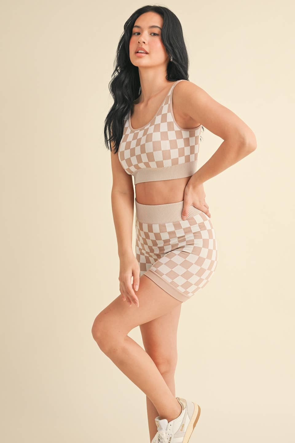 KIMBERLY C - Wholesale Activewear Set - Women's - Checkmate Cropped Two Piece Set77