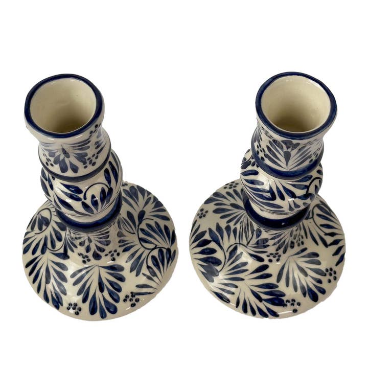 Global Crafts - Wholesale Candle Holder - Mexican Pottery Handmade Candle Holder Blue Plumeado3