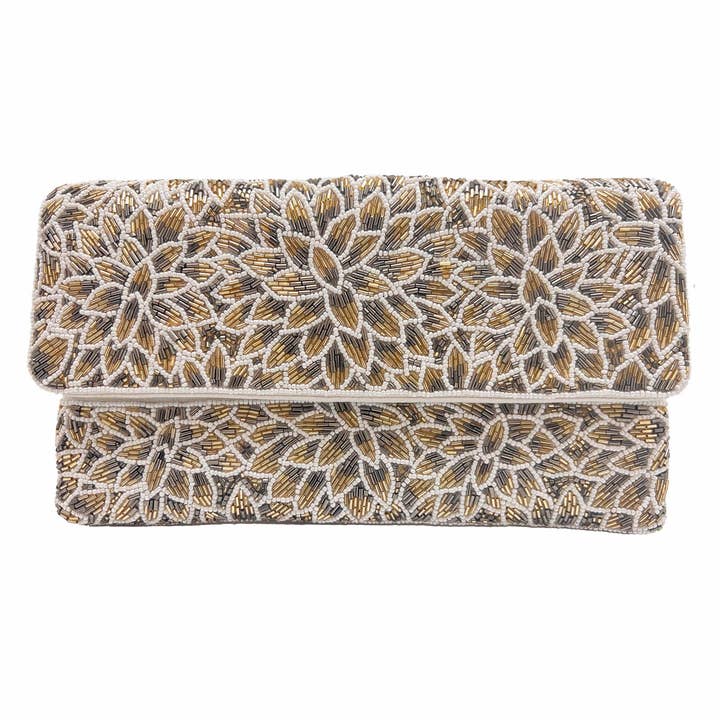 SILVER & GOLD FLOWERS BEADED CLUTCH for wholesale by Pizzazz, Inc.