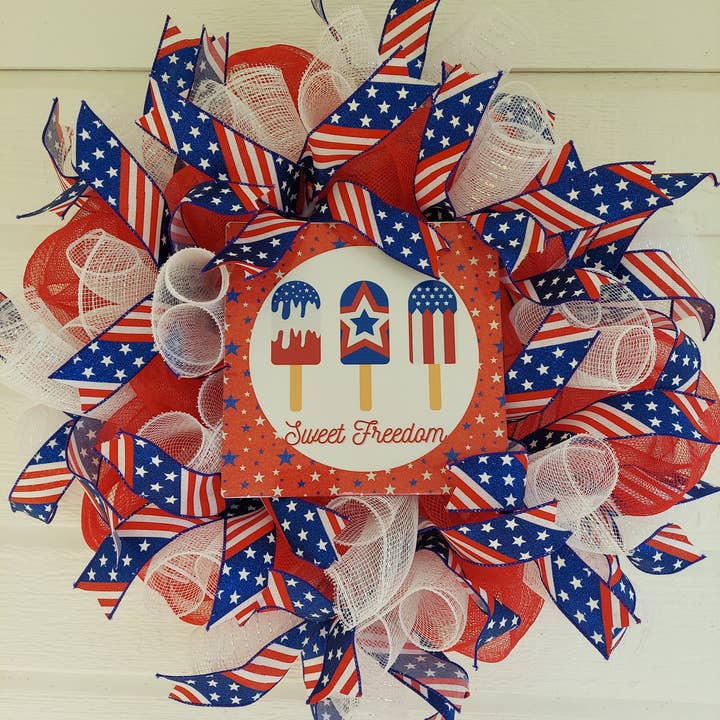 An Array of Wreaths, LLC – wholesale Wreath – Sweet Freedom Patriotic Deco Mesh Wreath