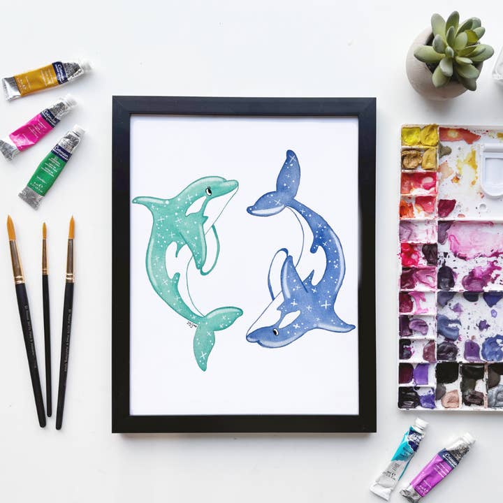 Impression Aquarelle de Baleines Célestes – Mammifères Marins Étoilés pour la vente par Owlfeathers Watercolor