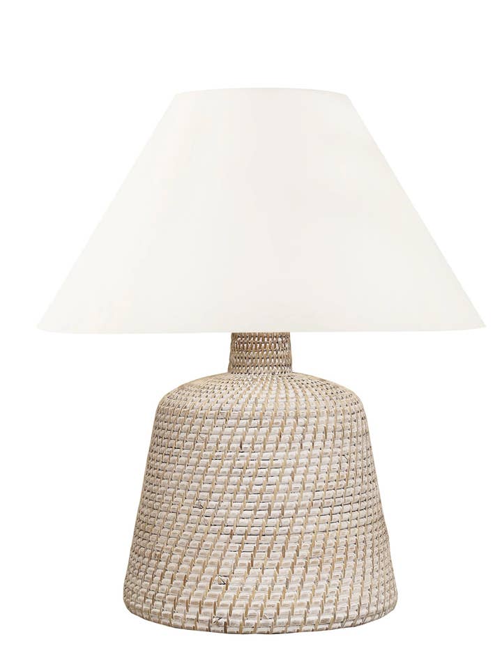 Cape Cod Rattan Table Lamp, White Wash with Empire Lampshade for wholesale by Fox Mill Lighting & Supply Co.