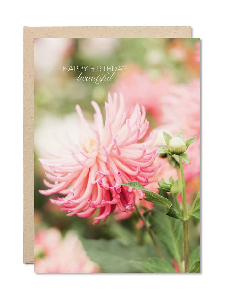 Birthday Card - "Happy Birthday Beautiful" | Pink Dahlias for wholesale by Ocean Sky Lab