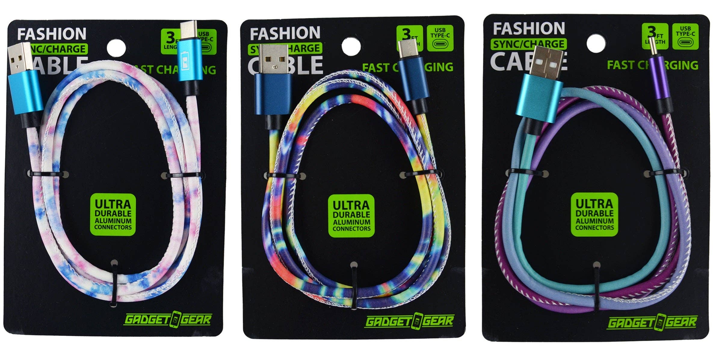 Novelty Closeout - Wholesale Charging Cable - Charging Cable USB to USB-C Ombre 3 ft Assortment- 3/Pk0