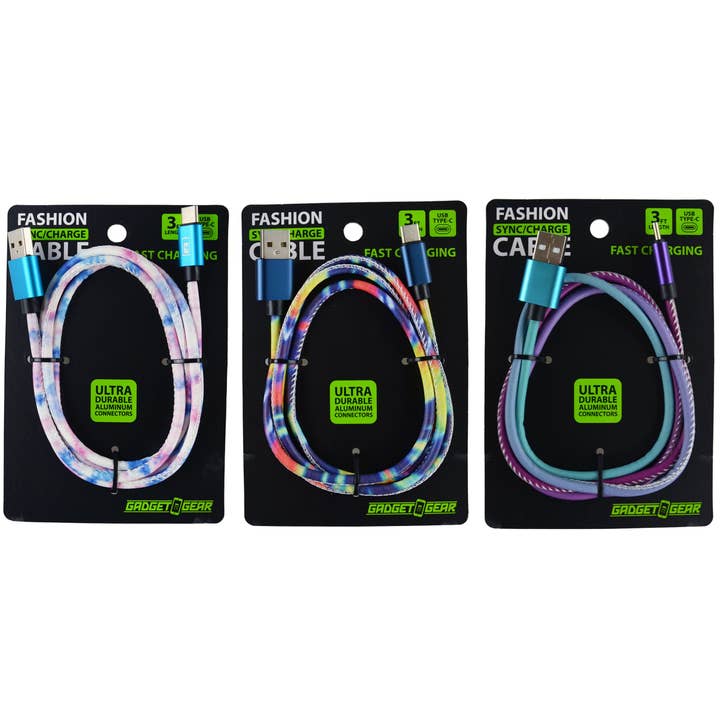 Novelty Closeout - Wholesale Charging Cable - Charging Cable USB to USB-C Ombre 3 ft Assortment- 3/Pk