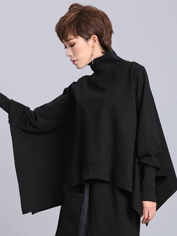 BLACK Solid Color Asymmetric High-Neck Loose Batwing Sleeve Sweatshirt for wholesale on Faire