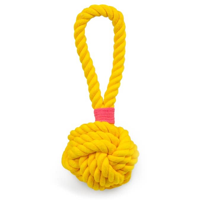 ThoozyPet Ball Tug Rope Dog Toy with Handle Yellow 3" for wholesale by Pet Palette Distribution