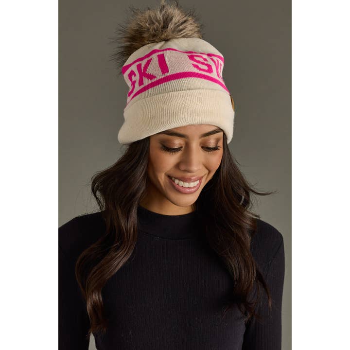 Panache Apparel Co. - Wholesale Beanie - Women's - Beige & Pink Ski Pom Hat2