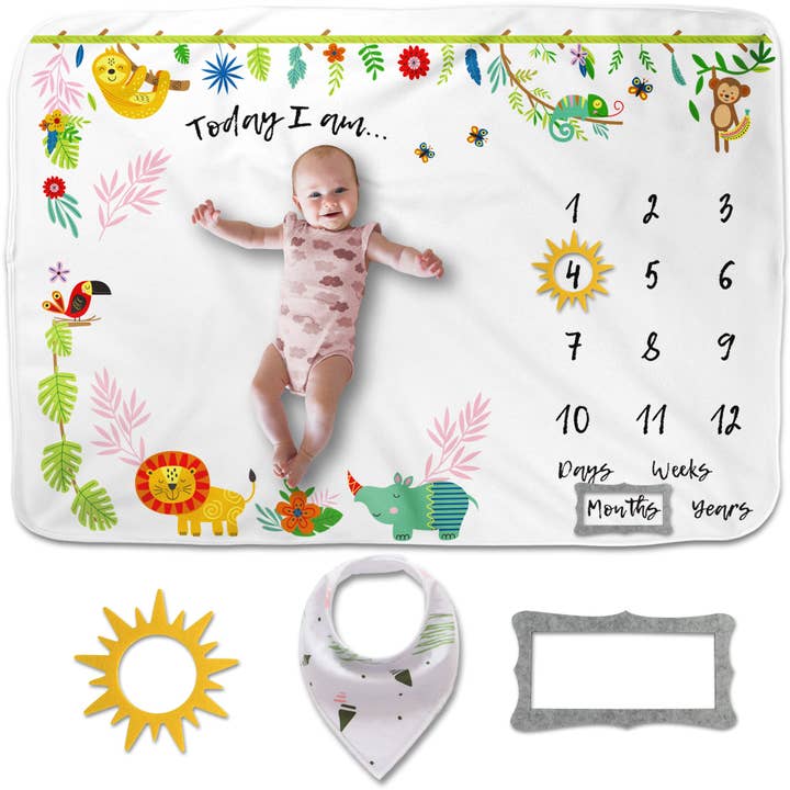 LUKA&LILY Baby Monthly Milestone Blanket Girl | Boy, Baby Milestone Blanket for Baby Girl, Month Blanket for Baby Girl, Safari Baby Shower Decorations, Baby Boy Gifts, Baby Girl Gift, Bib+Frames 60x40 for wholesale by Luka & Lily