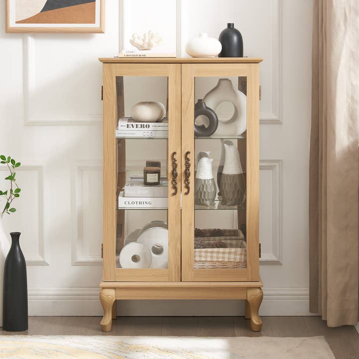 Orange County Decor - Wholesale Cabinet - 2 Doors Curio Cabinet With Tempered Glass Doors, Curio Cabinets With Mirrored Back Panel And Adjustable Shelves, Lighted Display Cabinet For Home, Office Light Bulb Included Oak Oak Mdf Glass5