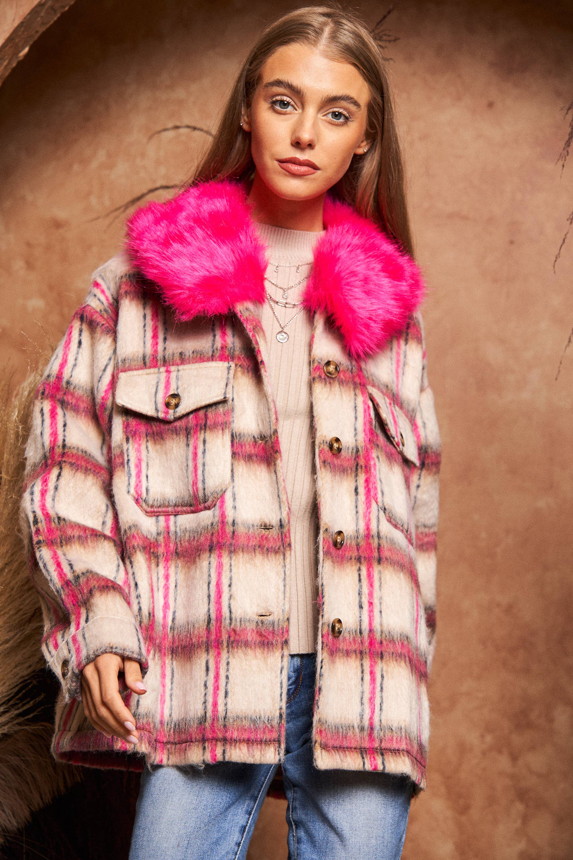 HOT PINK BEIGE PLUS MULTI PLAID FUR COLLAR SEPARATELY JACKET for wholesale on Faire1