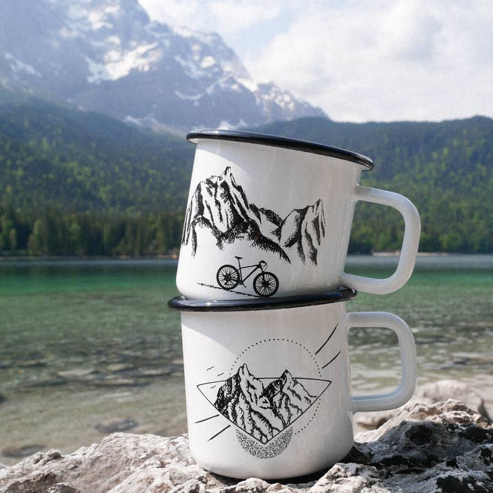 Hannibelle - Wholesale Coffee/Tea Cup - Enamel Mug Mountains and Bike