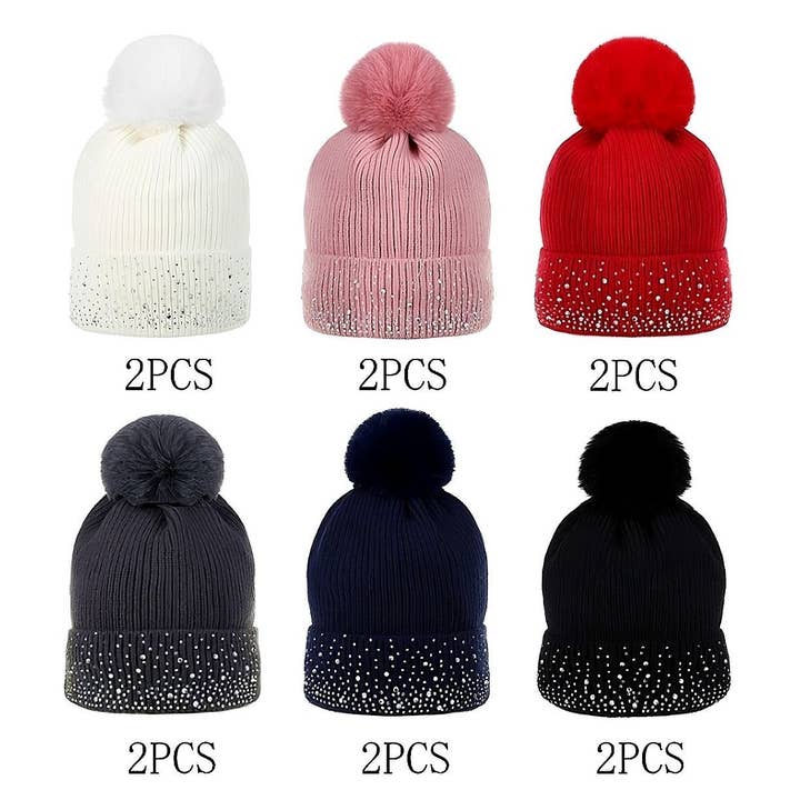 Diacly - Wholesale Beanie - Women's - 12pk Rhinestone Drops Pompom warm Beanie