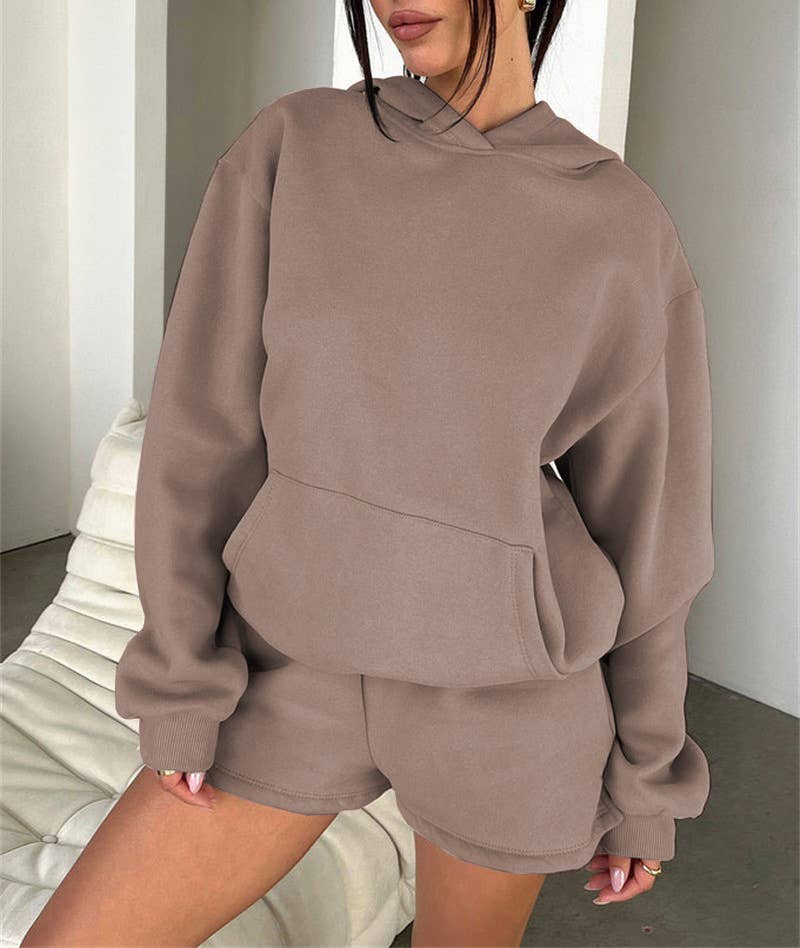 HIDDENBRAND - Wholesale Lounge Set - Women's - basic pocket hoodie &  drawstring short set outfits30