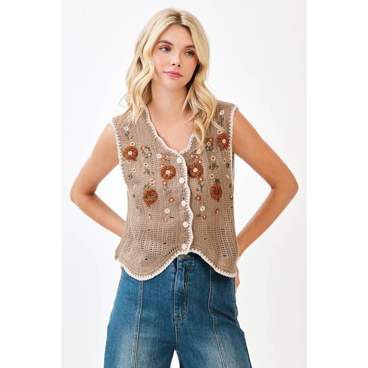 mittoshop - Wholesale Sweater Vest - Women's - FLORAL EMBROIDERY SLEEVELESS VEST CROCHET TOP
