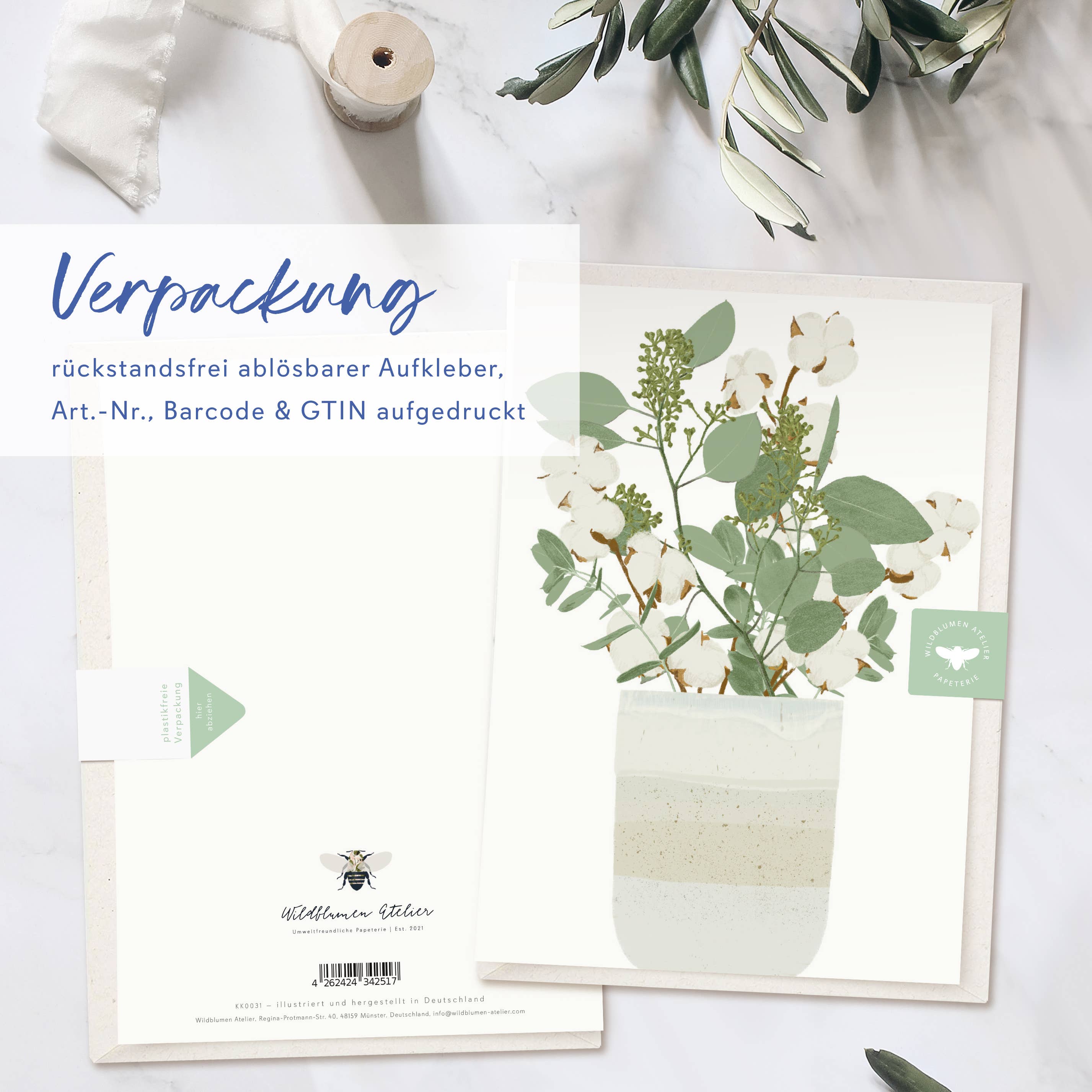 Wildblumen Atelier - Wholesale Wedding Card - Folded card: vase, eucalyptus, cotton, with envelope, FSC3