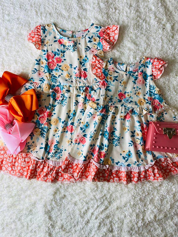 XCH0555-19H Floral printed short sleeve girls swirl dress for wholesale by luluclothes