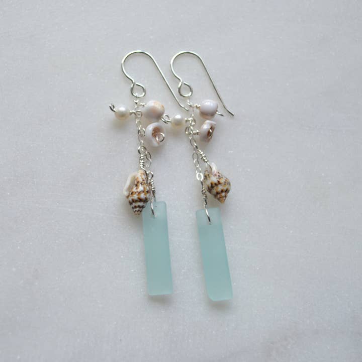 Salty But Sweet - Wholesale Dangle Earrings - Dangling Frosted Glass & Shell Earrings
