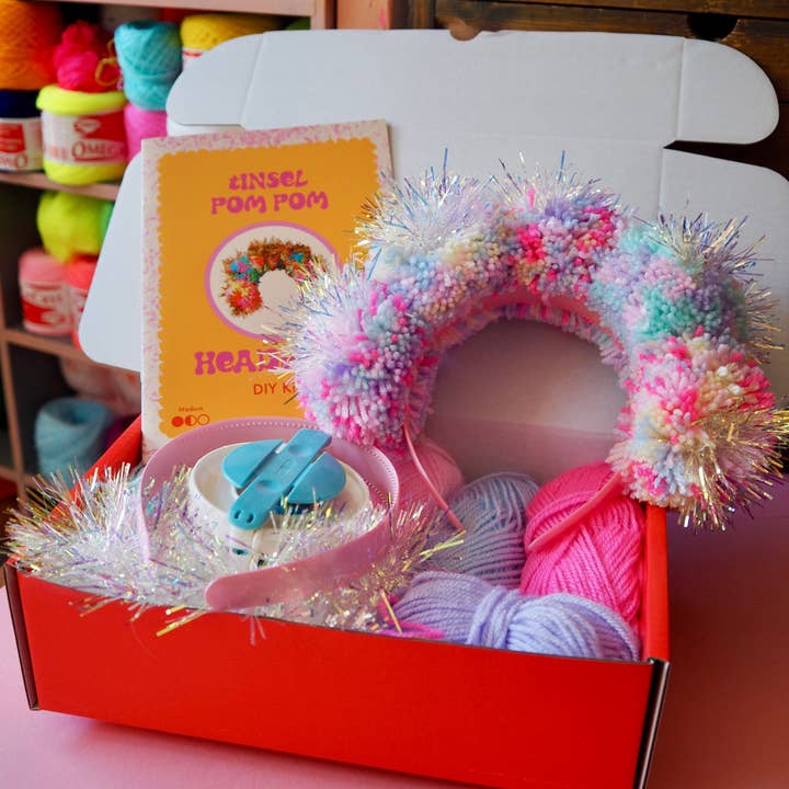 Pastel Iridescent Tinsel Pom Pom Headband Kit for wholesale by Fat Pom Poms