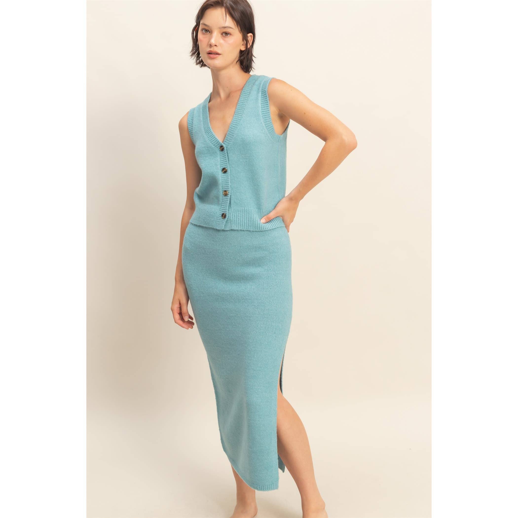 Double Zero - Wholesale Top & Skirt Set - Women's - Button Front Vest & Midi Skirt Knit Set11