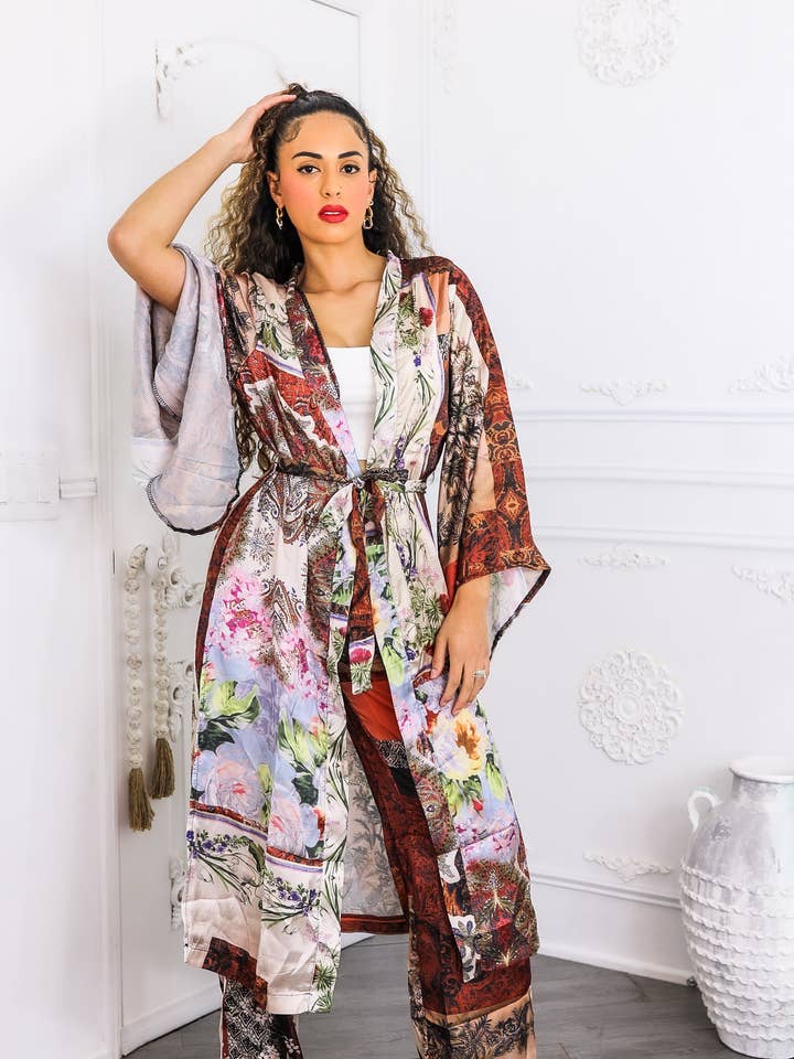 Gouden Uur Boho Luxe Kimono Set – Gedrukte Duster & Broek met Wijde Pijpen voor wholesale door SurelyMine