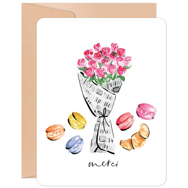 Willow & Ivy Press - Wholesale Thank You Card - Merci Wrapped Rose Bouquet and Macarons Thank You Card