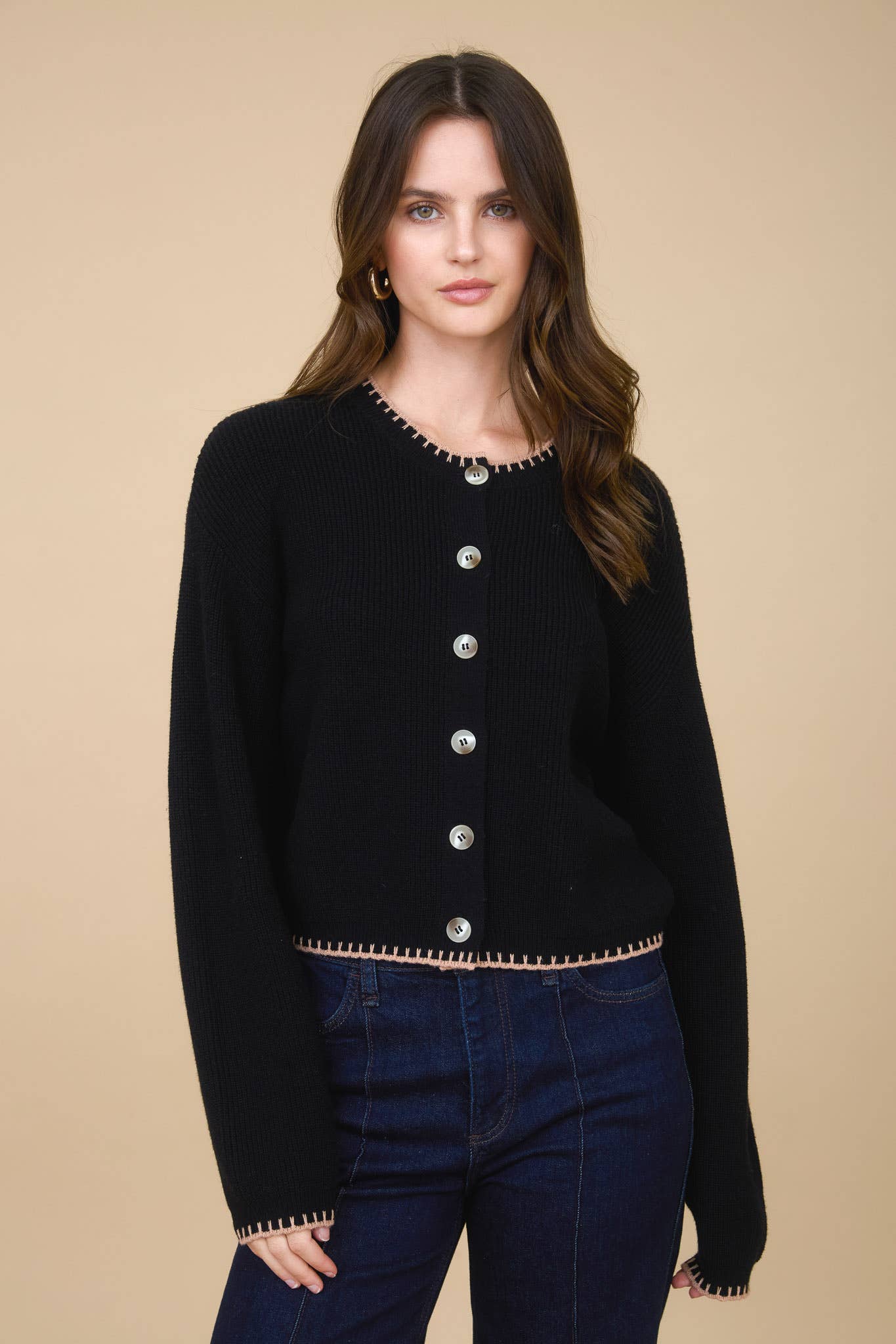 The Workshop Studio - Wholesale Knit Sweater - Women's - CONTRAST STITCH TRIM BUTTON DOWN KNIT CARDIGAN 0