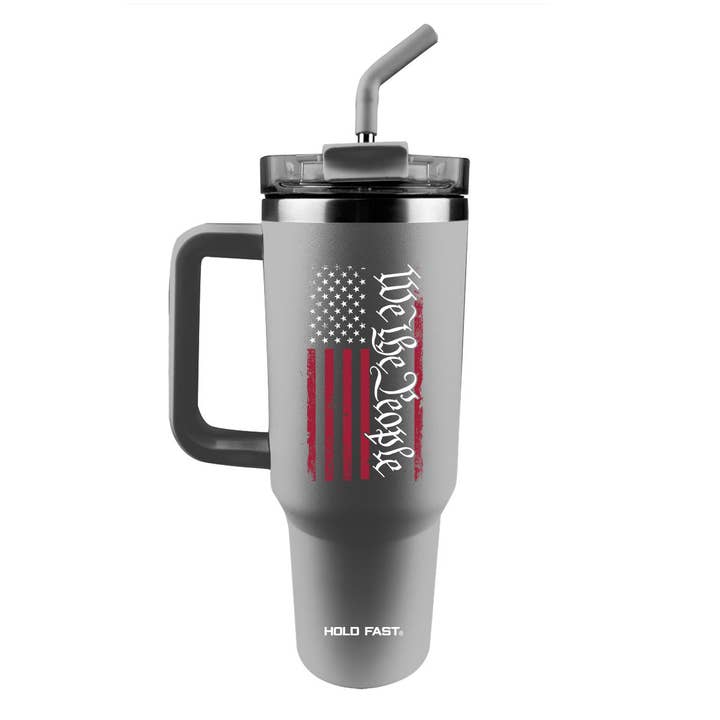 Grey HOLD FAST 40 oz Stainless Steel Mug With Straw We The People Flag for wholesale on Faire