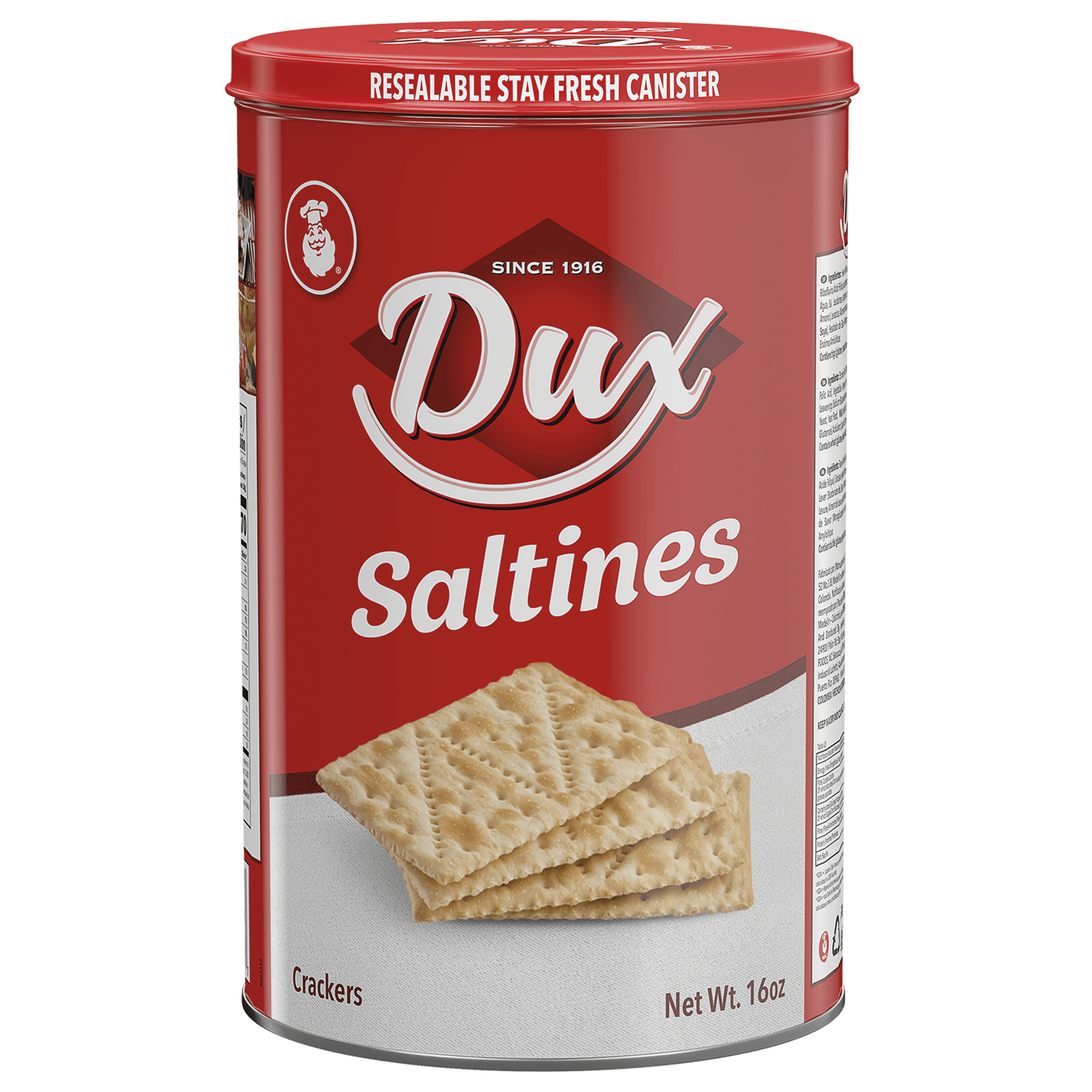 JETa Imports - Wholesale Crackers - DUX Saltines Crackers – Classic Tin – 16 oz – Crispy Colombian Crackers in a Resealable Tin – Great for Snacking or Pairing0