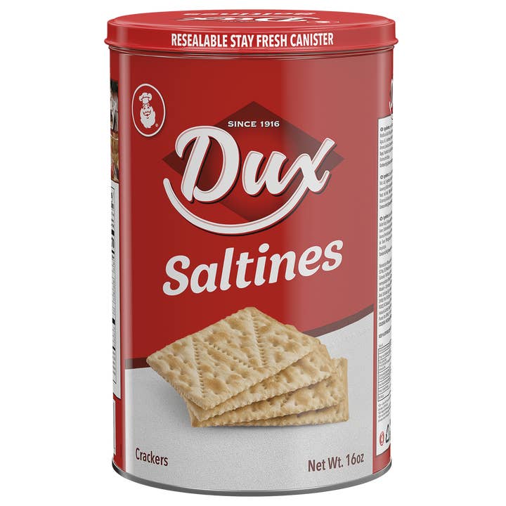 JETa Imports - Wholesale Crackers - DUX Saltines Crackers – Classic Tin – 16 oz – Crispy Colombian Crackers in a Resealable Tin – Great for Snacking or Pairing