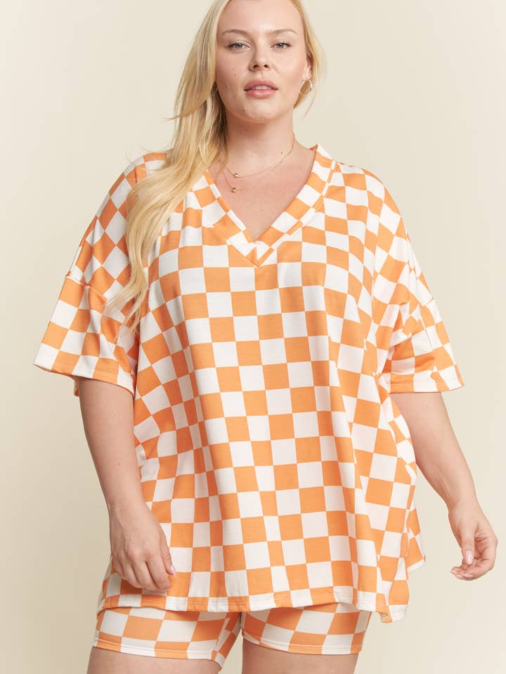 JADE BY JANE PLUS - Wholesale Lounge Set - Women's - PLUS SIZE SHORT SLV V-NECK / SHORTS CHECKERBOARD SET7