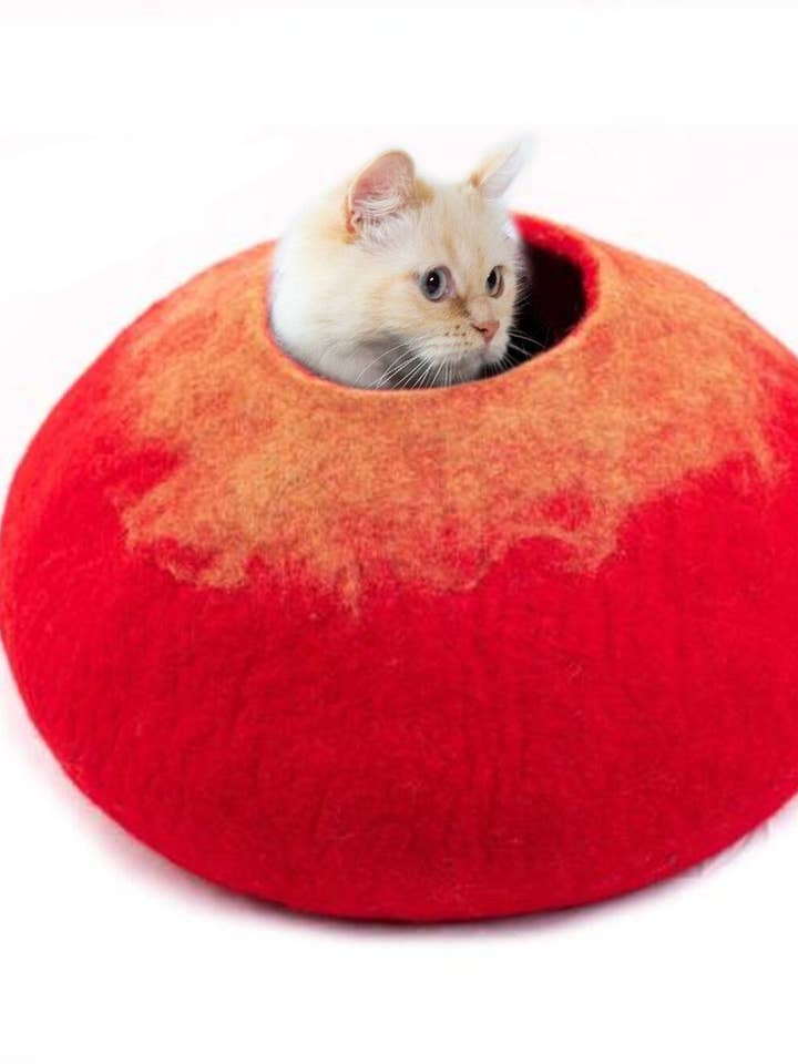 Red Ombre Wool Felt Cat Cave - Handmade Pet House for wholesale by Woollyfelt