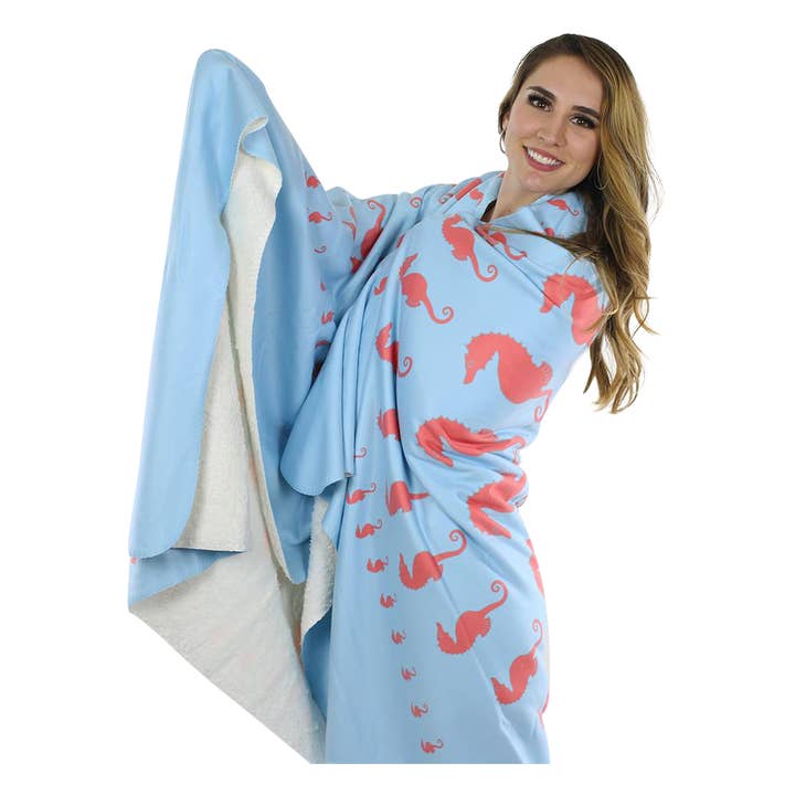 Seahorse Fleece Blanket - Coral on Blue for wholesale by SummerTies