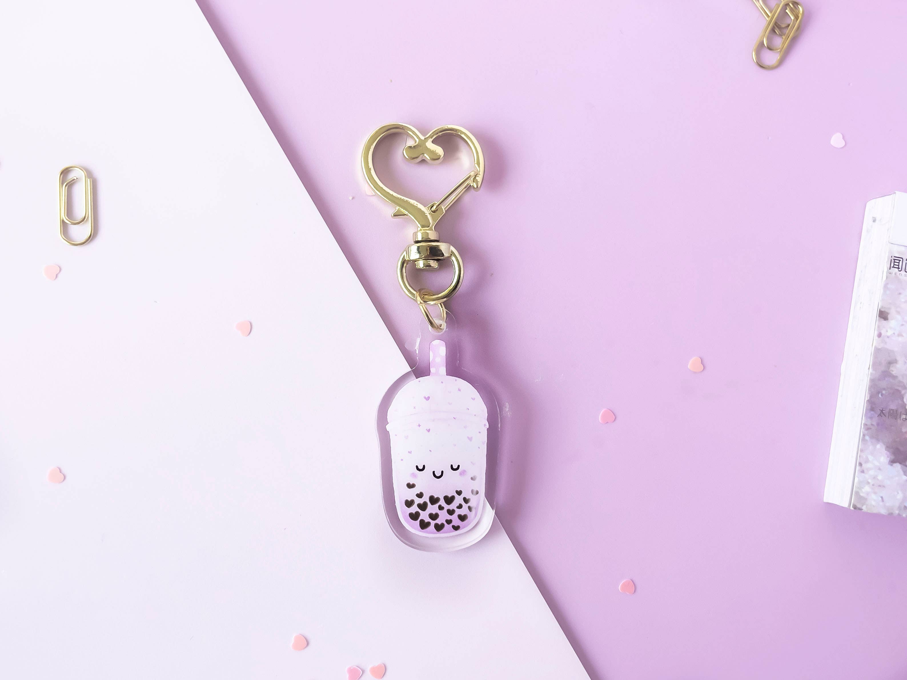 Jino's Art - Wholesale Keychain - Women's - Taro love boba tea keychain / clear Double Sided charm1