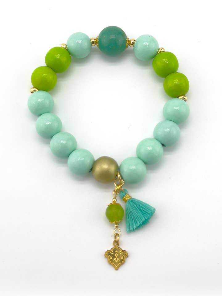 Bracelet Mala Summer Pure Green en argent 925 plaqué or et bois pour la vente par samsara collection