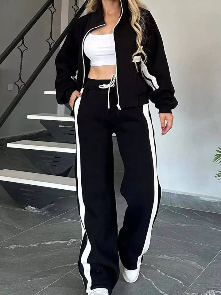 Full Size Contrast Stripe Zip Up Jacket and Pants Set Plus Size for wholesale by Beyond Apparel