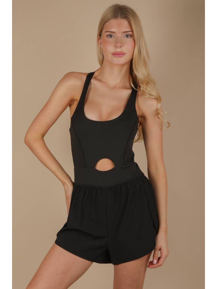 VERY J - Wholesale Romper - Women's - NP70880-Front Cutout Romper Activewear W/ Pantie Lining