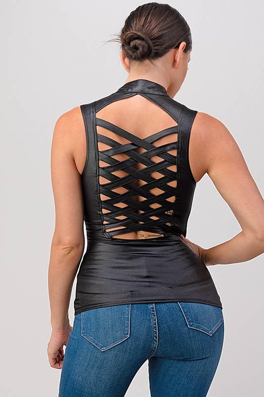 Lydia USA - Wholesale Blouse - Women's - Sexy Pleather Sleeveless Zip Up Top with Cross Cut1