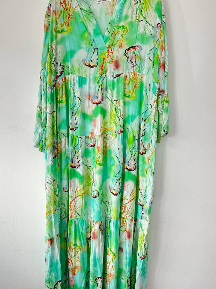Miss Bold - Wholesale Dress - Women's - Italian Pastel Watercolour Abstract Print Tiered 3by4 Sleeve Maxi Dress5
