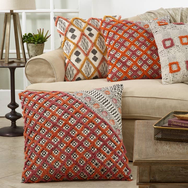 Embroidered Pillow With Block Print Design for wholesale by Saro Lifestyle